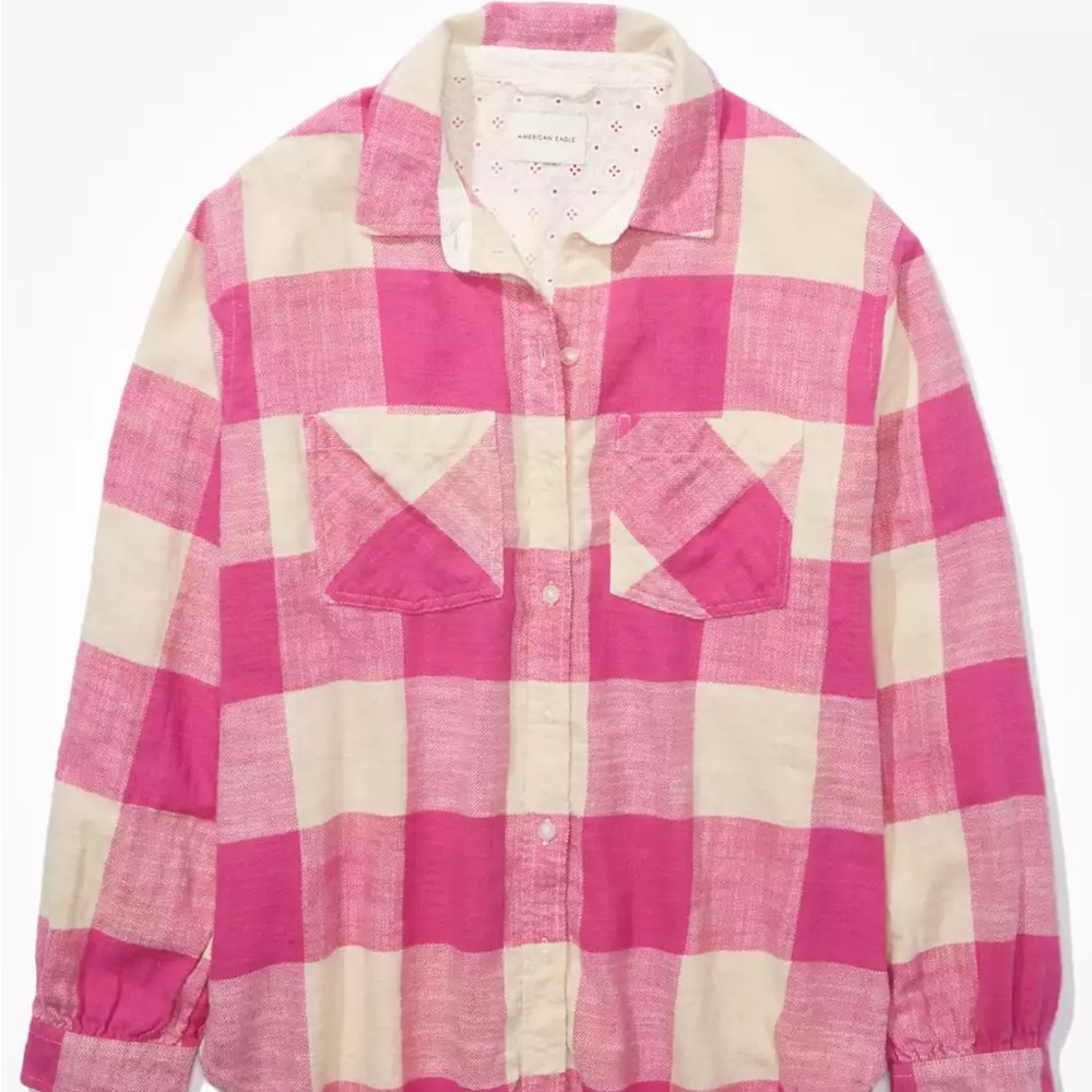 American Eagle Outfitters Pink and Cream Buffalo Plaid Button-Up Shirt